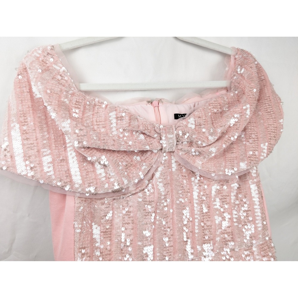 Sequin Coquette Off Shoulder Bow Midi Dress Size L Pink Romantic Cocktail Event - Picture 8 of 11